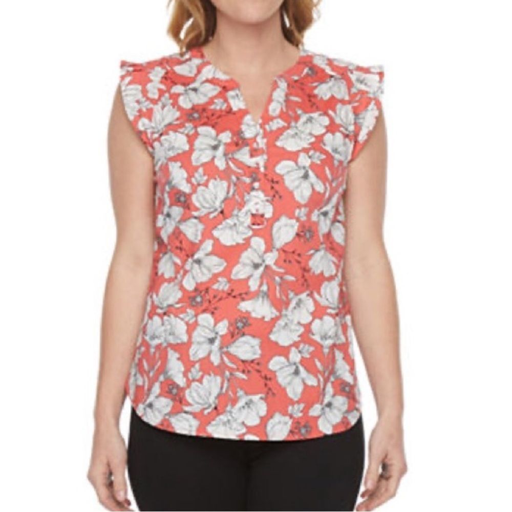 Liz Claiborne pink and white ruffle cap sleeve vneck top size XS